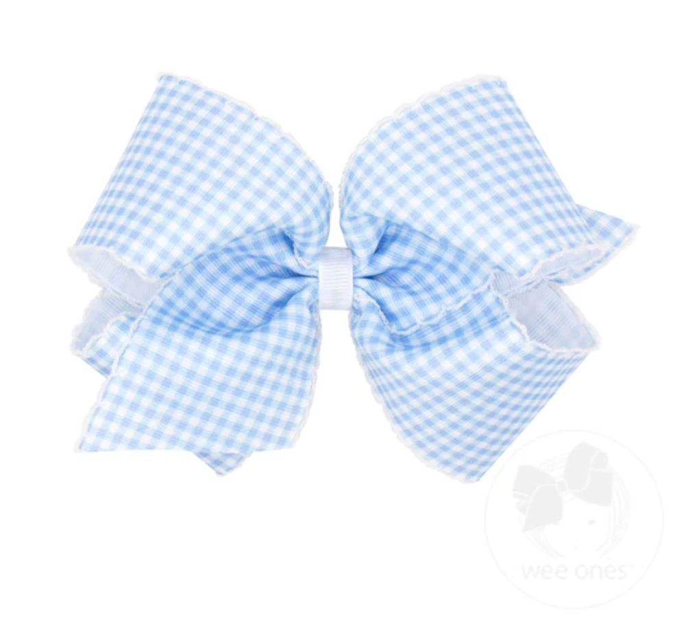 King Gingham Print Grosgrain Bow With Moonstitch Edge - blue - George & Co.